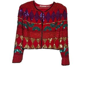 Vintage 80s Size Small Red Sequin Glam Jacket Shoulder Pads Cocktail Party